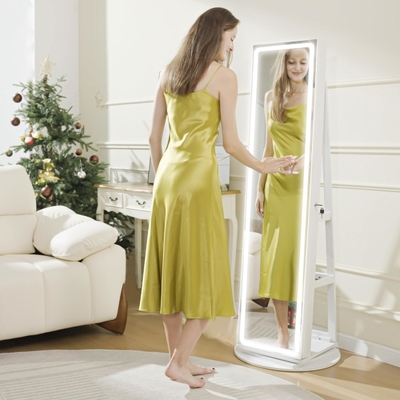 LED Full Length Mirror Jewelry Cabinet Dimmable Standing Mirror Jewelry Box Lockable