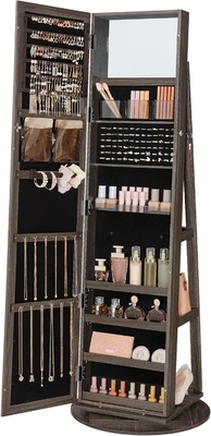 Bon prix Brown 360° Cabinet de bijoux pivotant Rectangle Miroir debout avec rangement en ligne