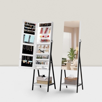 Modern Jewelry Armoire Mirror with LED Lights and Lockable Storage