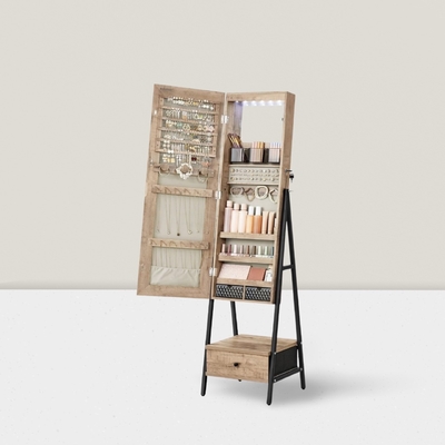 Modern Jewelry Armoire Mirror with LED Lights and Storage
